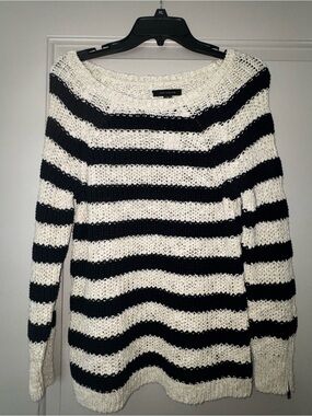 Ann Taylor Black and White Striped Open-Weave Crewneck Sweater